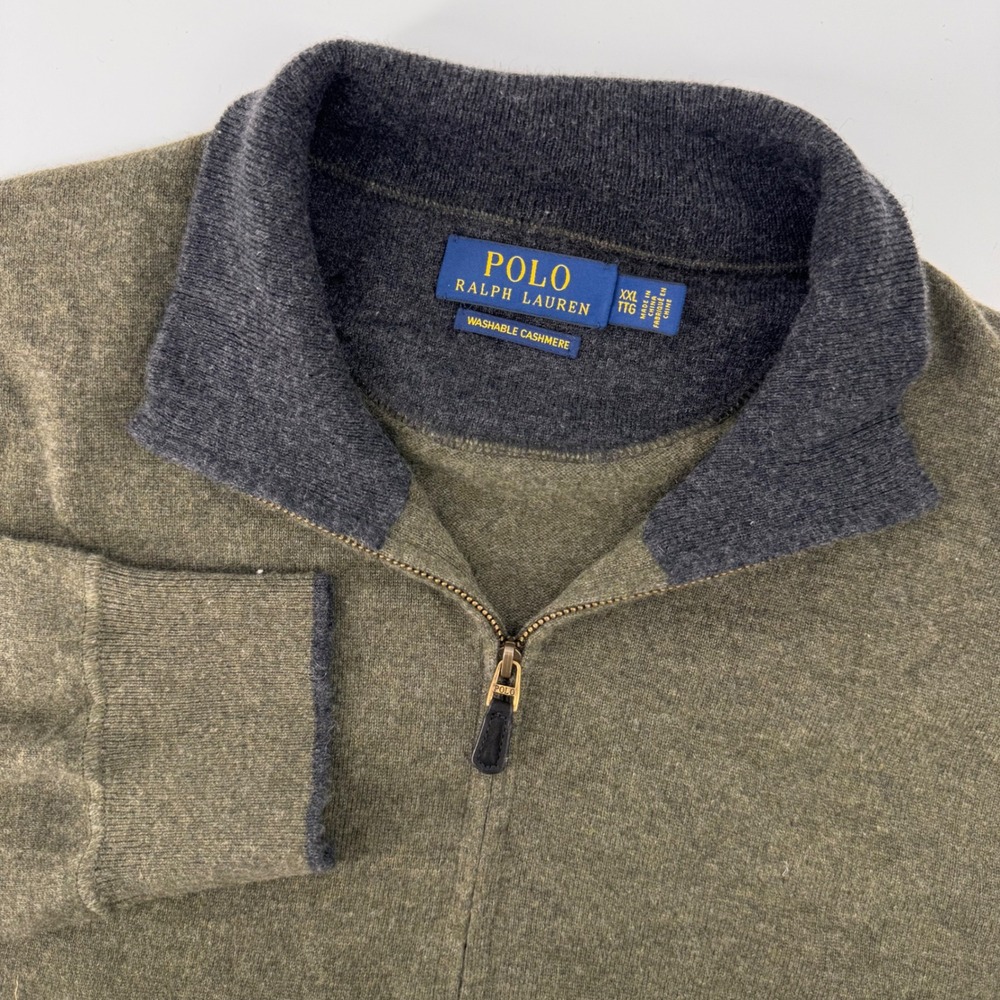 Polo Ralph Lauren Sweater Mens XXL Olive Green Washable Cashmere Quarter Zip
